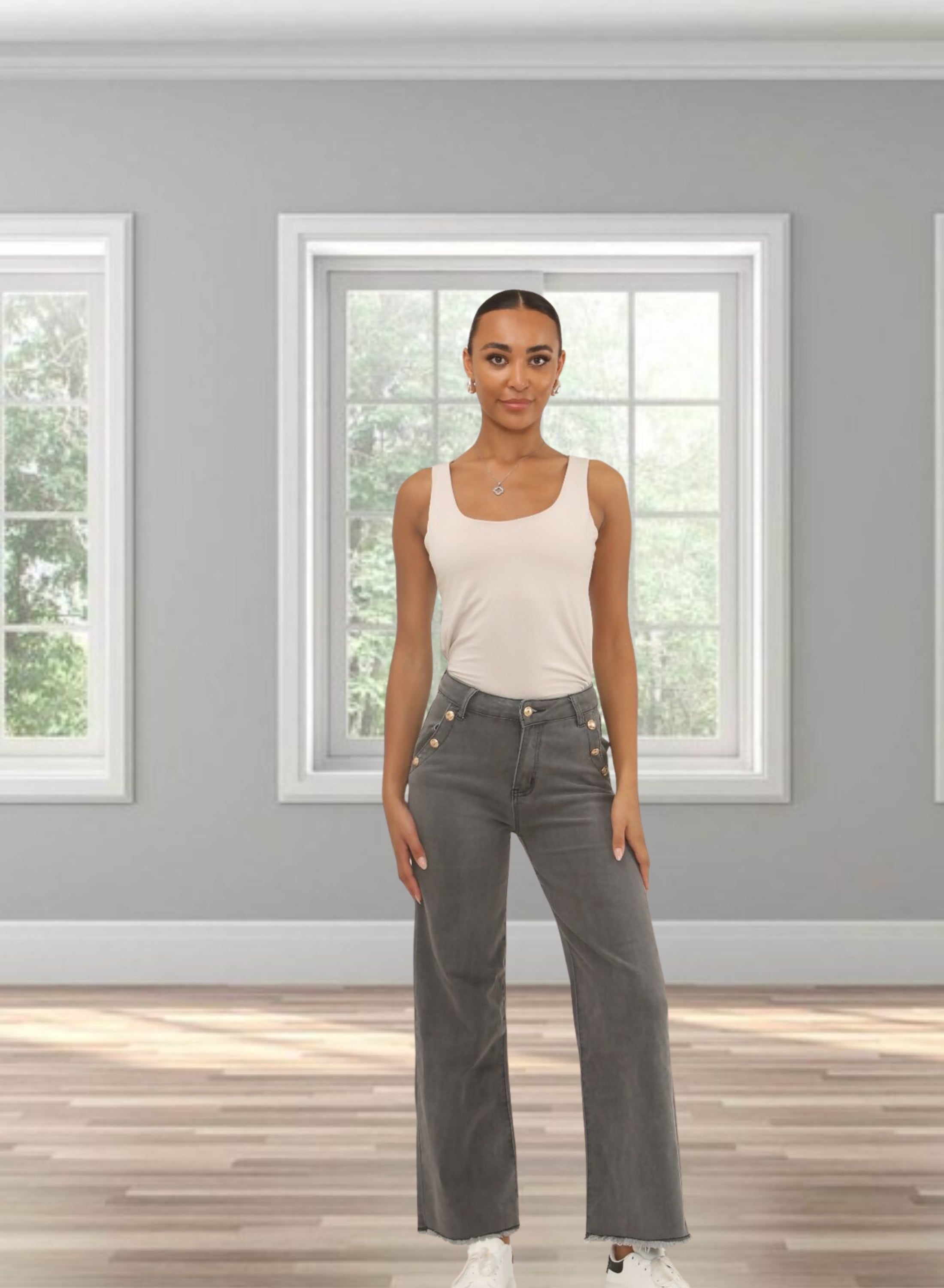 Dames Hoge Taille Wijde Jeans in Grijsgewassen Denim