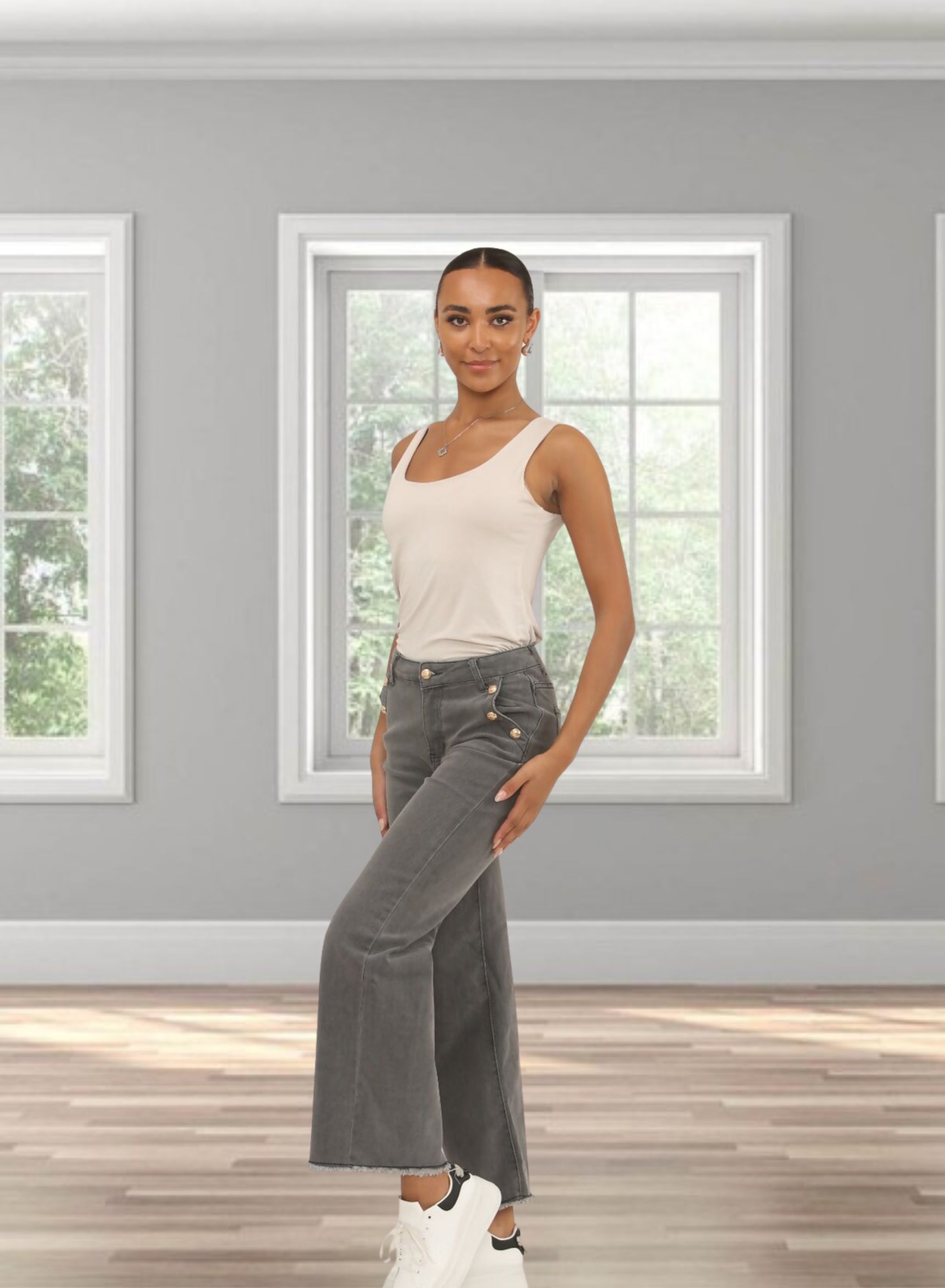 Dames Hoge Taille Wijde Jeans in Grijsgewassen Denim