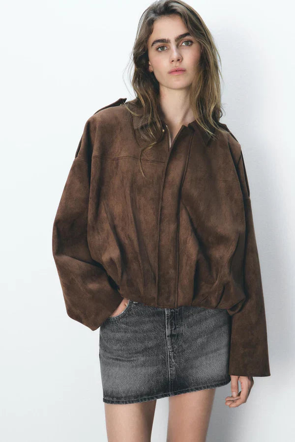 Oversized Suède Bomberjack met Moderne Pasvorm voor Dames